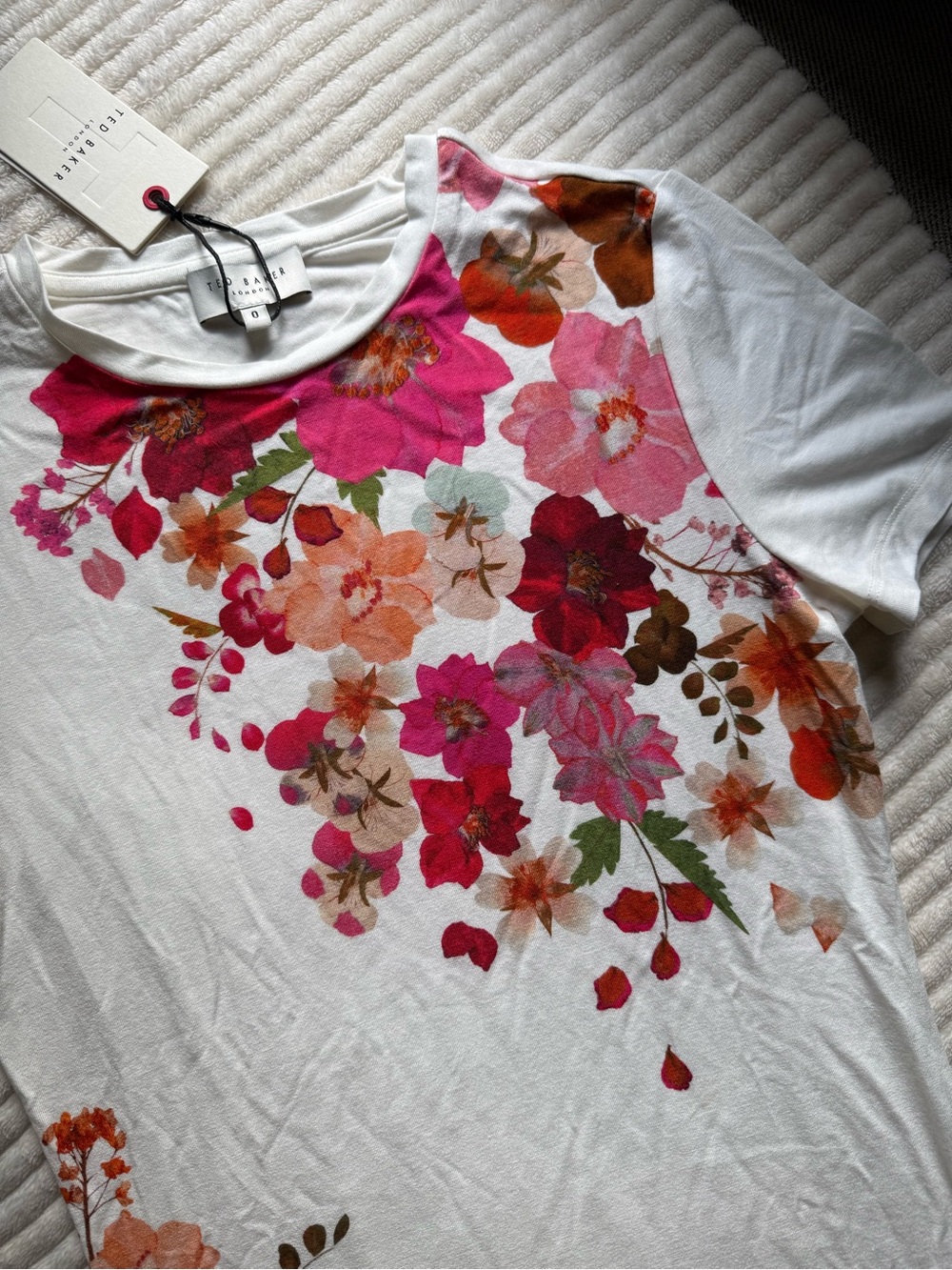 Ted Baker White Floral Crewneck Tee with Pink & Orange Blooms - Picture 2 of 8